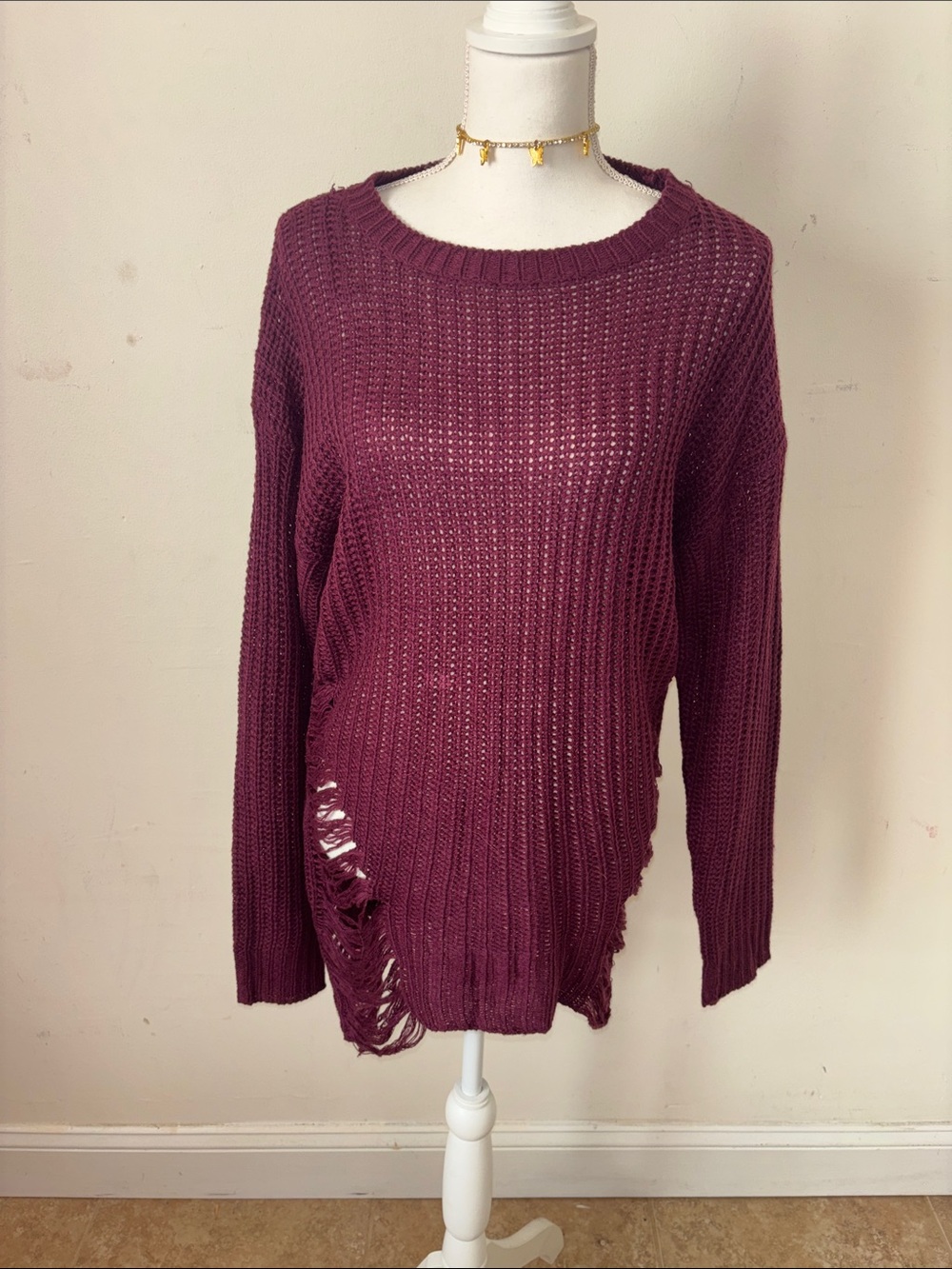 Women's distressed Burgundy Sweater